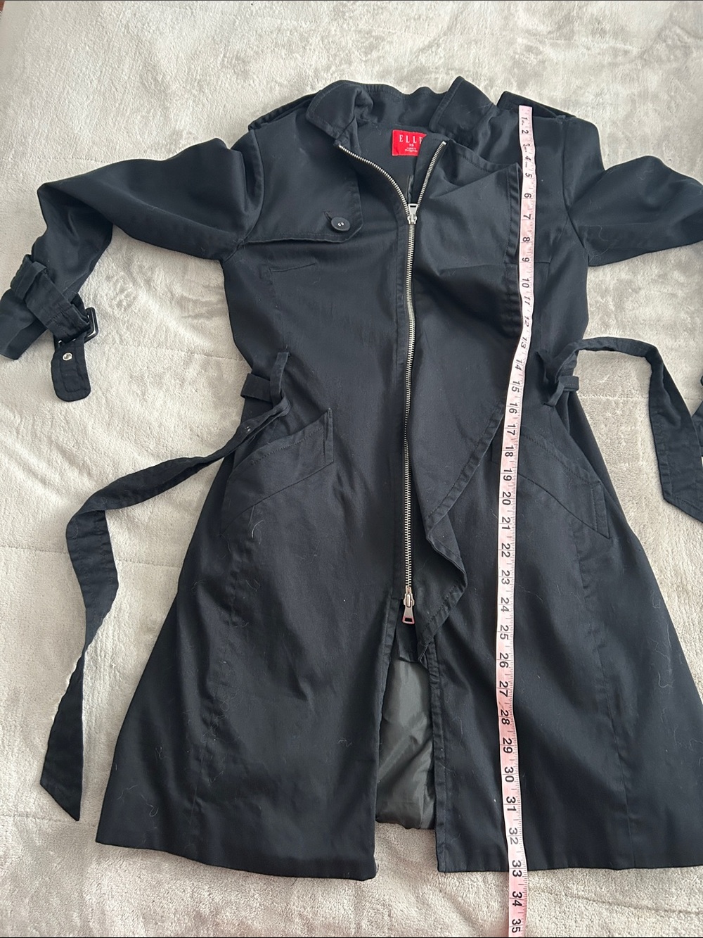 Elle Black Trench Coat with Waist Tie and Zip Front - Picture 10 of 10
